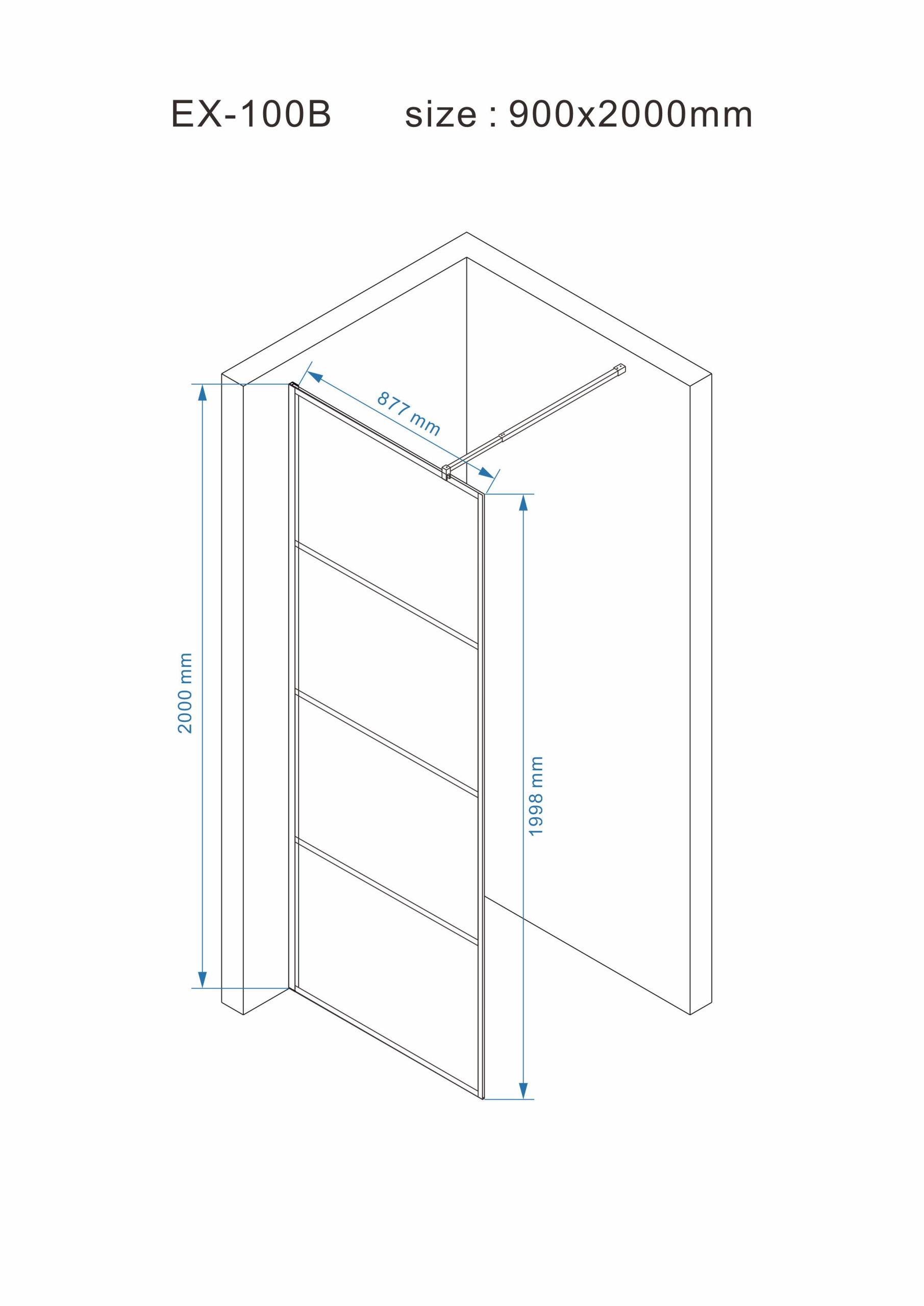 Tuš paravan EX100B-1 walk in crni 900x2000/8mm nano easy clean - Image 3